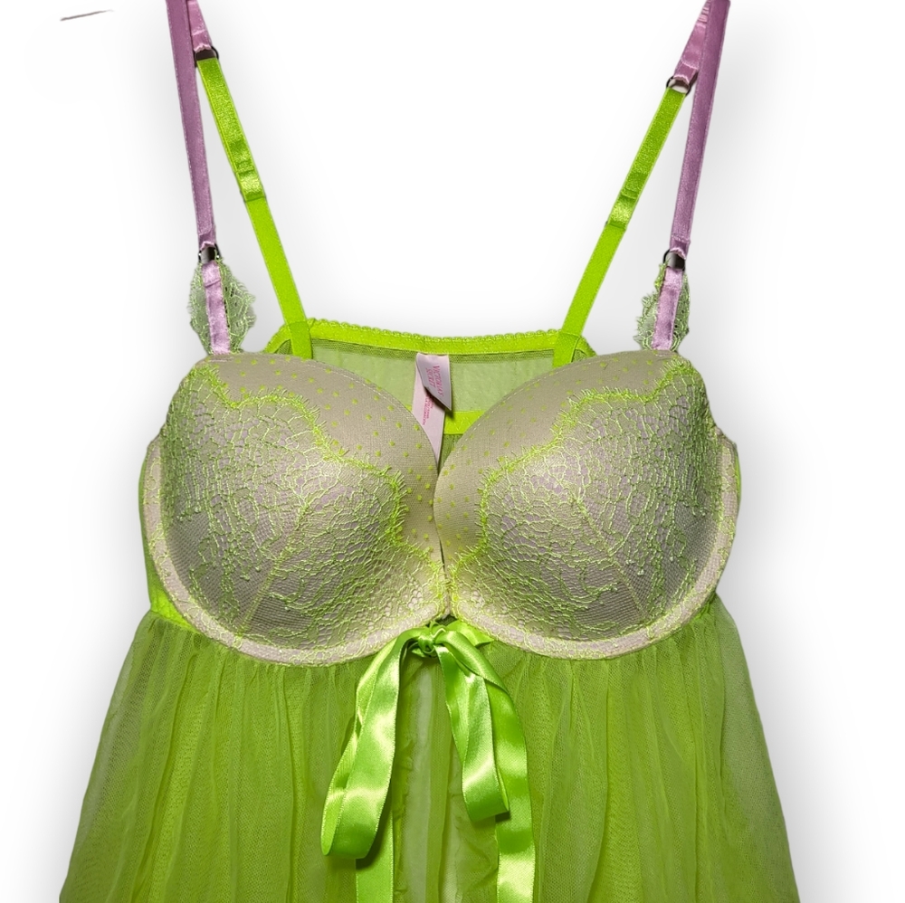 Victoria's Secret Babydoll Neon Green and Pink Ruffle Lace 36C - Picture 2 of 6